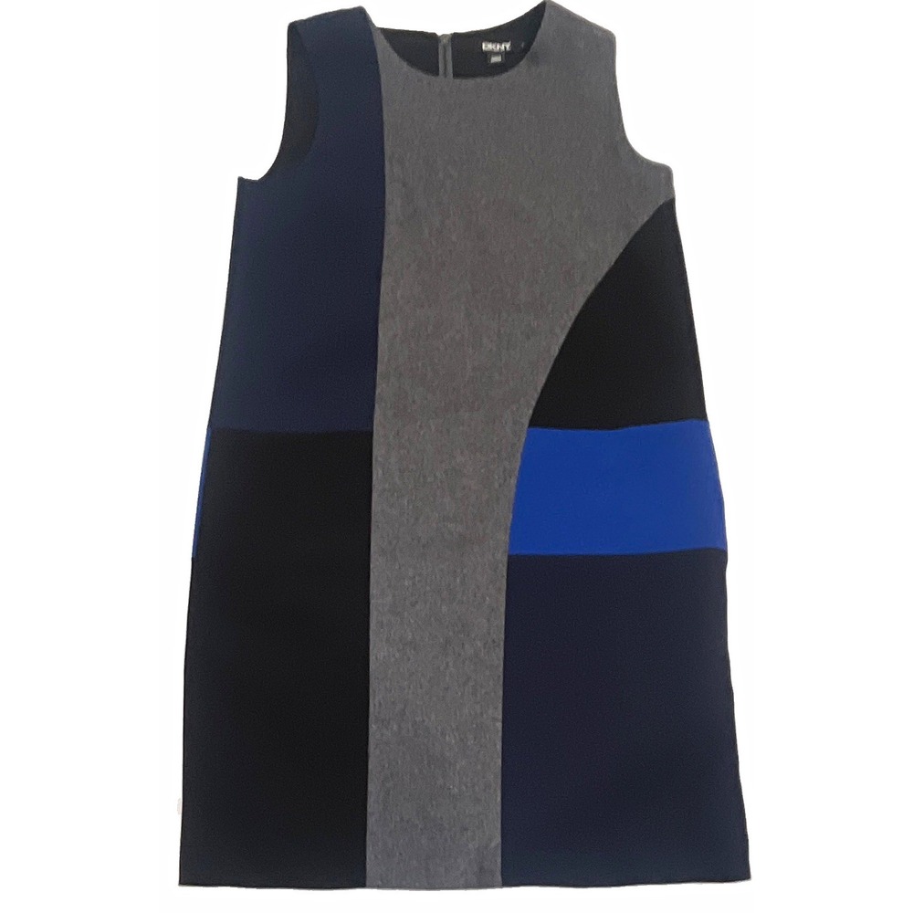 DKNY Shift Dress Colorblock Gray Black Blue Sleeveless Round Neck Zip Career S